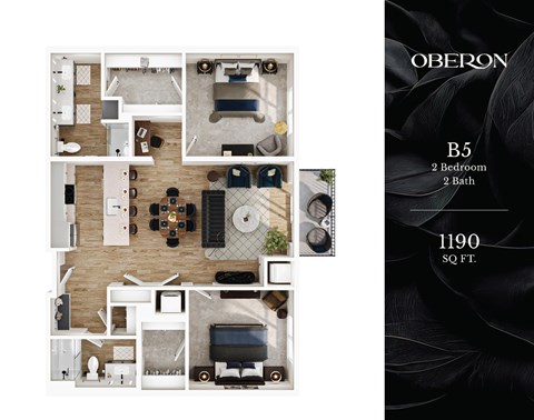 Floor plan for 2 beds, 2 baths, 1190 sqft